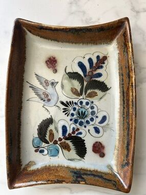 Artisan Ceramic  Ken Edwards Floral Tray in Brown, Blue and Cream